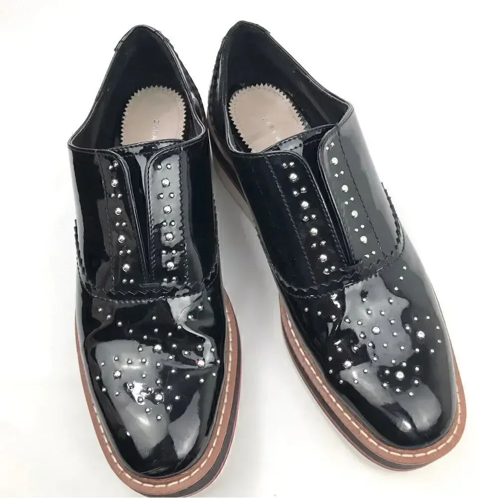 Zara Woman Black Patent Leather Silver Studded Platform Oxford Sneakers